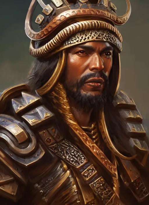 Image similar to smart tai warlord, closeup portrait, historical hero, ethnic group, tai costume, bronze headdress, intricate, with leather armor cross on bare chest, elegant, loin cloth, highly detailed, oil painting, artstation, concept art, matte, sharp focus, illustration, hearthstone, art by earl norem