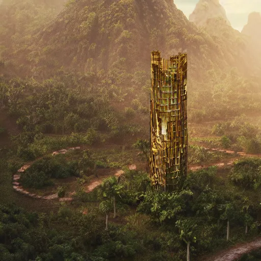 Image similar to photo of vertical golden tower, stacked ancient village, arid mountains and lush palm forest, photo realism, sharp focus, octane