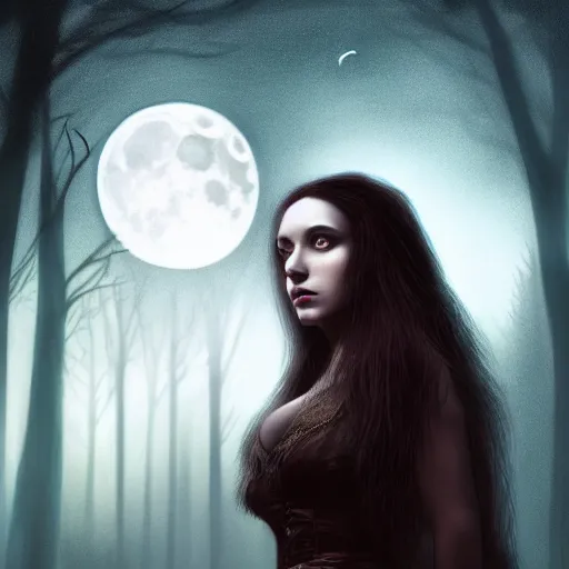 Image similar to Riveting Charismatic brunette female vampire, portrait, atmospheric lighting, painted, intricate, Highgate cemetery, volumetric lighting, beautiful, moon light, sharp focus, ultra detailed, by Leesha Hannigan, Ross Tran, Thierry Doizon, Kai Carpenter, Ignacio Fernández Ríos