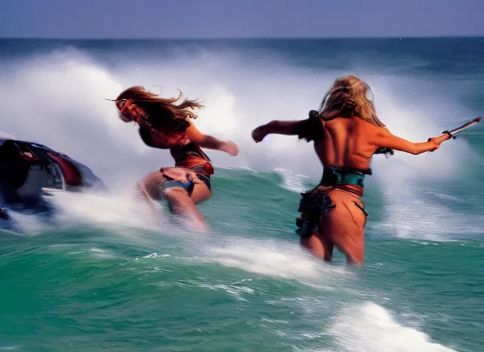 Image similar to photo of viking women in speed boats hunting surfers, fujifilm velvia 5 0