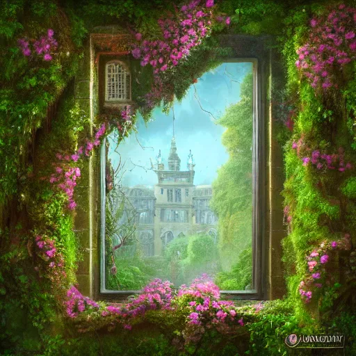 Image similar to an abandoned room overgrown with verdant ivy, an antique window surrounded by lush flowers cherry _ blossomherb, 8 k resolution detailed fantasy art, asymmetrical composition, anato finnstark marc simonetti lisa frank zbrush central gloomy midnight