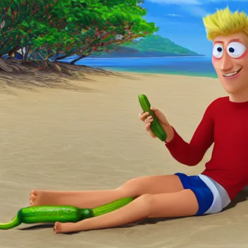 Prompt: blonde male character makes vocation on a beach eating a cocumber, pixar style, detailed