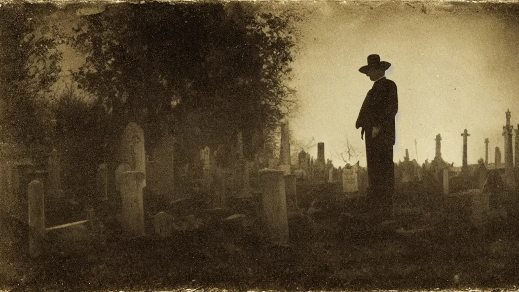 Prompt: an undertaker standing in a graveyard. backlight photo, daguerreotype