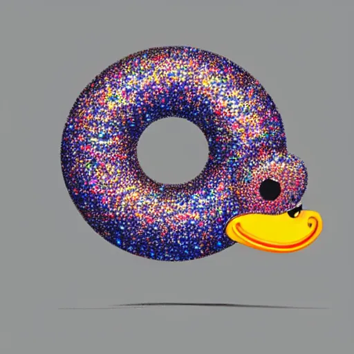 Prompt: concept art of a duck shaped like a donut. it has sprinkles on his back. faded glittery rainbow background. 8 k ultra hd, sharp and coherent, artstation, extremely detailed, studio lighting