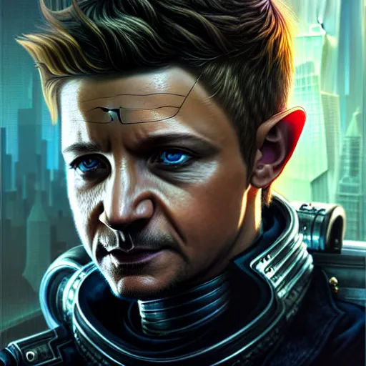 Image similar to portrait painting of a cyberpunk elven cop who looks like jeremy renner, ultra realistic, concept art, intricate details, eerie, highly detailed, photorealistic, octane render, 8 k, unreal engine. art by artgerm and greg rutkowski and charlie bowater and magali villeneuve and alphonse mucha