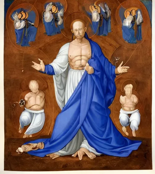 Image similar to hank hill wearing a white tshirt as the god of propane surrounded by blue fire and blue flames, renaissance religious painting, late gothic religious paintings, byzantine religious art, painting by duccio di buoninsegna and carlo crivelli, trending on artstation