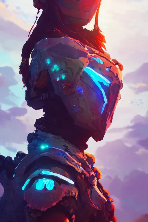 Image similar to combination suit armor aloy horizon forbidden west horizon zero dawn radiating a glowing aura global illumination ray tracing hdr fanart arstation by ian pesty and alena aenami artworks in 4 k tribal robot ninja mask helmet backpack