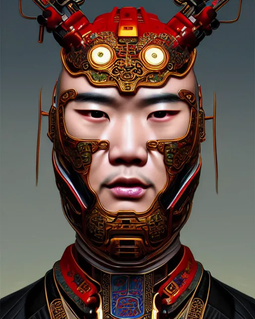 Image similar to portrait of a chinese masculine male cyberpunk machine, machine face, upper half portrait, decorated with chinese opera motifs, muscular, asian, fine china, wuxia, traditional chinese art intricate intense elegant 京 剧 highly detailed symmetry headpiece digital painting artstation concept art smooth sharp focus illustration, art by artgerm and greg rutkowski alphonse mucha 8 k