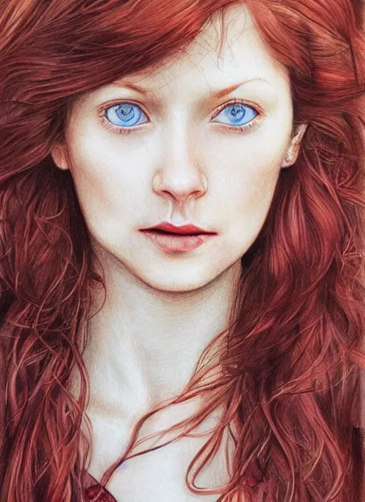 Image similar to close up portrait drawing of a ( thin young redhead woman with russian descent, sunbathed skin, with ( intricate deep blue eyes ) and ( wavy long maroon colored hair ) who looks directly at the camera with a ( slightly open mouth ) ). face takes up half of the photo. a park visible in the background. detailed 8 k art by luis royo.