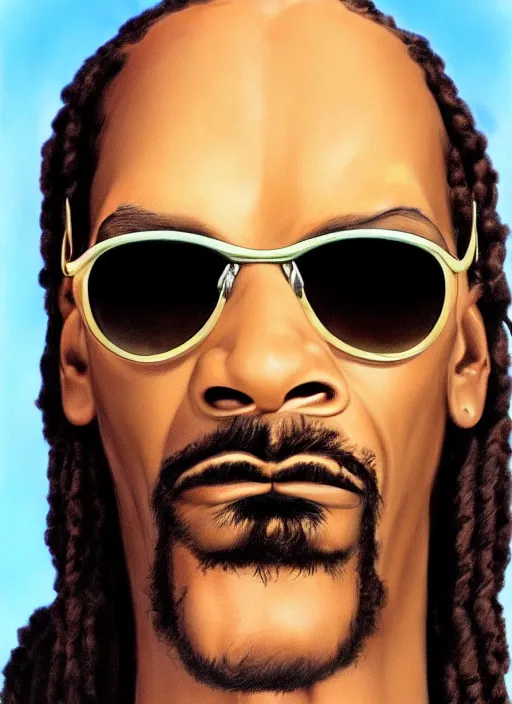 Prompt: a perfect portrait of snoop dogg wearing sunglasses, art by boris vallejo and greg danton and denys tsiperko, detailed, hyperrealism, artstation