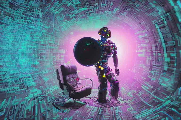 Image similar to beautiful cyborg - clownbot emerging from a space portal in cyberspace, fractaling outwards, in 1 9 8 5, y 2 k cutecore clowncore, bathed in the glow of a crt television, crt screens in background, low - light photograph, in style of tyler mitchell