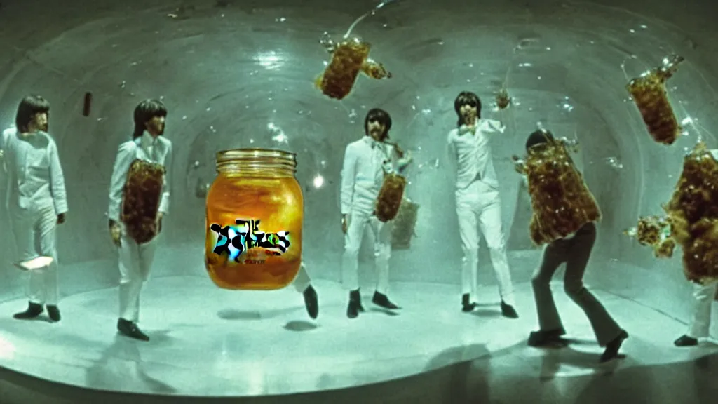 Prompt: The Beatles!!! drowning in honey! in a large honey jar, film still from the movie directed by Denis Villeneuve with art direction by Salvador Dalí, wide lens