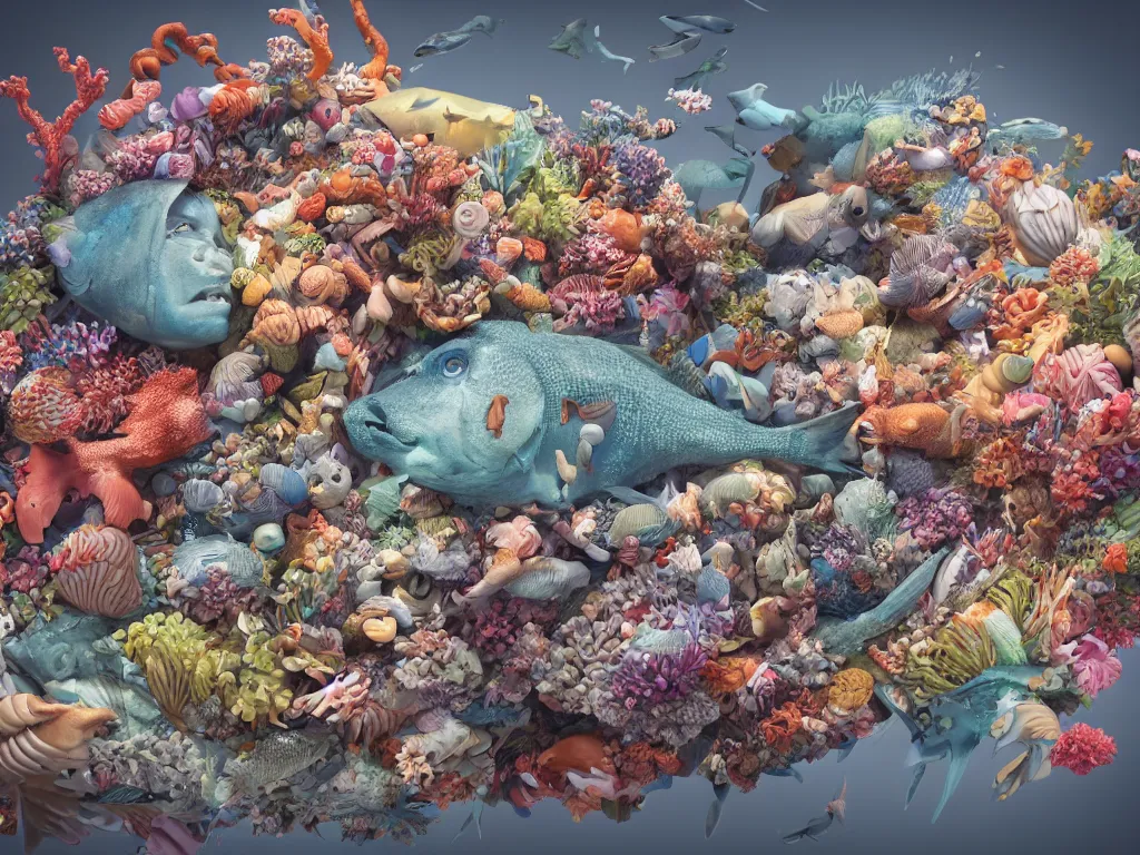 Image similar to a sculpture of fish ocean intertwined, a lovely cornucopia of flowers and human body parts, body parts, highly detailed, octane render, cinematic, shock, sharp focus, cycle