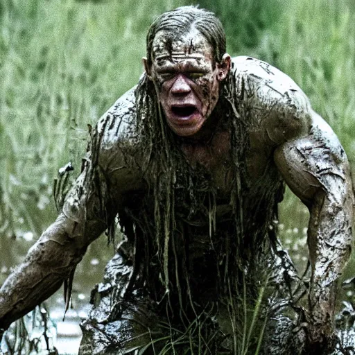 Image similar to film still of john cena as major dutch, covered in mud and hiding, a blurred predator is visible in swamp scene in 1 9 8 7 movie predator, hd, 8 k