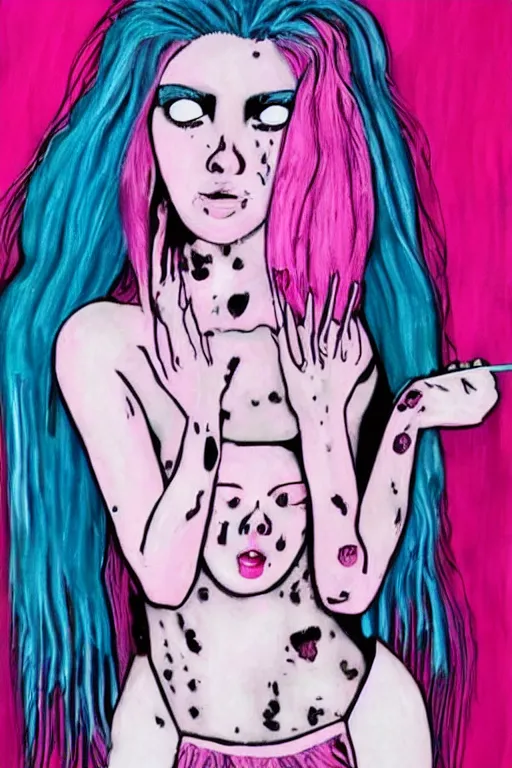 Image similar to painting horror girl pink hair tears from the eyes, alone in the room