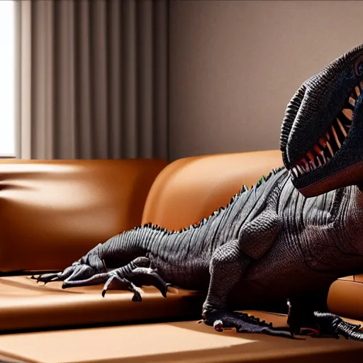 Image similar to photorealistic image of a t - rex laying on a couch and listening to music, shot in a professional studio
