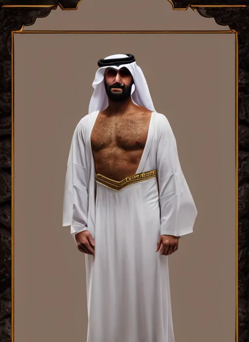 Image similar to portrait of sheikh ruler of dubai, djinn, head and torso only, cinematic lighting, studio quality, godly, cell shaded, 4 k, active, scenic, anger and fury