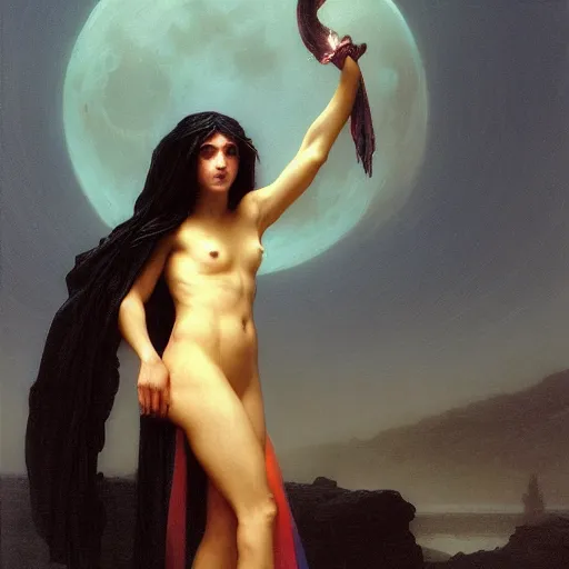 Image similar to awe-inspiring award-winning concept art painting of attractive figure in black shrouds as the goddess of the moonbow, rainbow, by Michael Whelan, William Adolphe Bouguereau, John Williams Waterhouse, and Donato Giancola, cyberpunk, extremely moody lighting, glowing light and shadow, atmospheric, shadowy, cinematic, 8K,