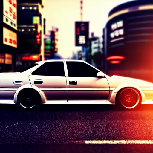 Prompt: a car drifting JZX100 in middle of road, shibuya prefecture, city sunset, cinematic color, photorealistic, highly detailed, bokeh, octane render