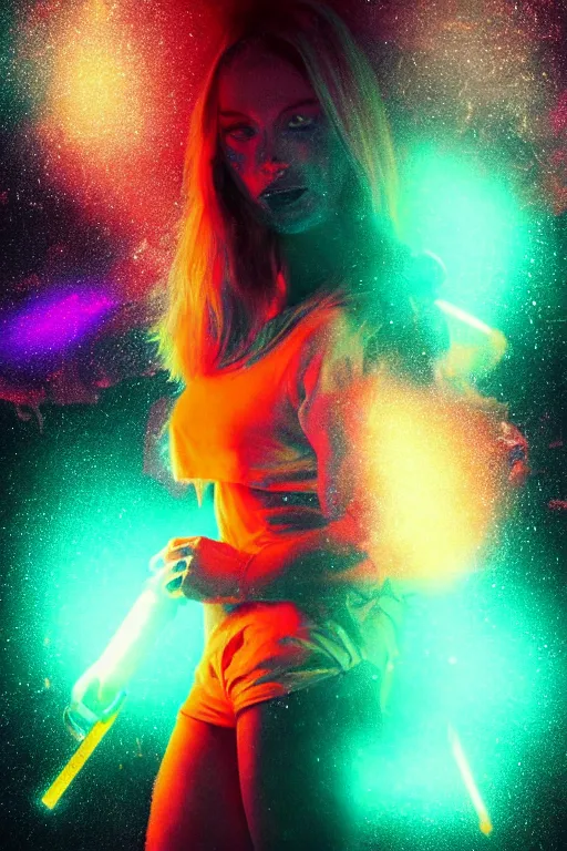 Image similar to astronaut rave girl, glowsticks, LSD, dramatic lighting, cinematic, establishing shot, extremely high detail, foto realistic, cinematic lighting, post processed, concept art, high details, cinematic, 8k resolution, beautiful detailed, photorealistic, digital painting, artstation, concept art, smooth, sharp focus, artstation trending, octane render, unreal engine