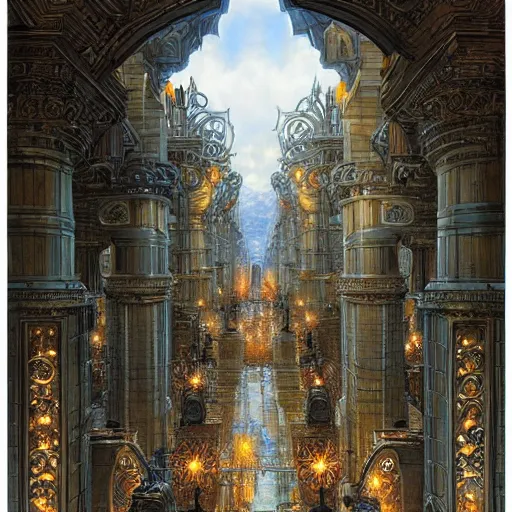 Image similar to The grand city gates, wide angle shot, epic composition, art by Donato Giancola and James Gurney, digital art, trending on artstation