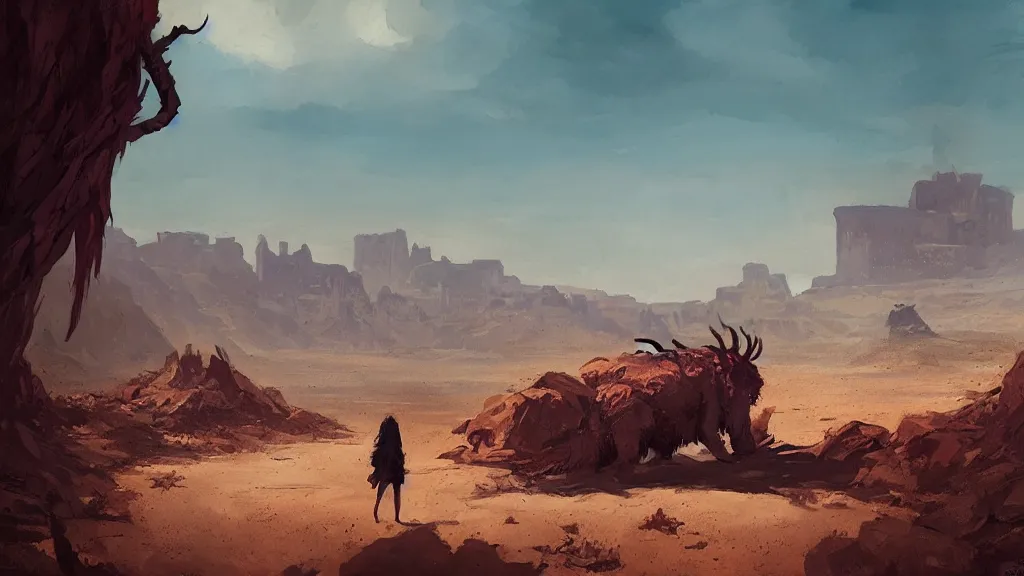 Prompt: magic eating beast prowling across the arizona desert, wide shot, concept art by greg rutkowski