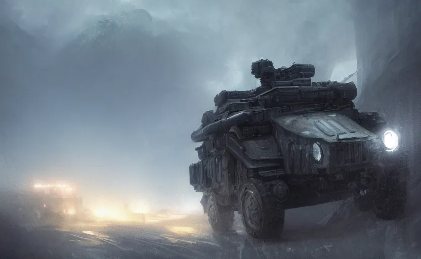 Image similar to a military vehicle in the mountain at night by Paul Chadeisson, blue headlights, dark image, stormy weather , atmospheric, artstation, concept art, illustration, sharp focus, high detail, octane render, intimidating