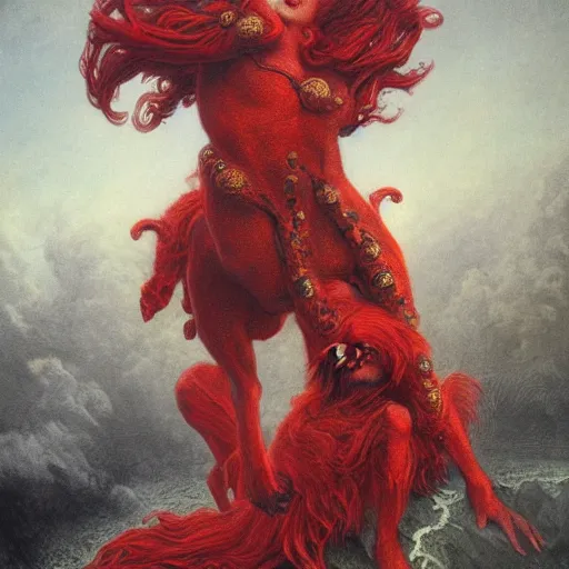 Image similar to a masterpiece! photographic portrait of a scarlet - colored beast with seven ( 7 ) heads and ten ( 1 0 ) horns by gustave dore and stephen hickman and allen williams, trending on artstation, cgsociety, 8 k hd, earthtone colors, a cloaked woman riding the back of the beast