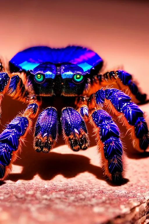 Image similar to high quality macro photo iridescent tarantula! jewelled supercute! highly detailed david ligare elson peter cinematic blue neon lighting high quality low angle hd 8k sharp shallow depth of field