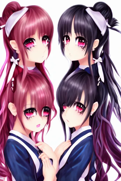 Image similar to two beautiful female idols with twintails facing each other, dark background, detailed anime art