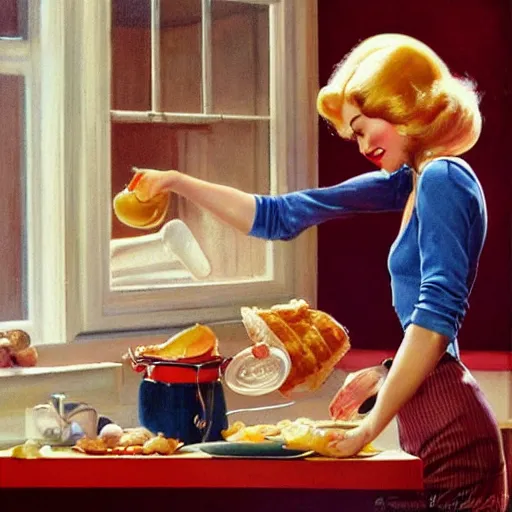 Prompt: blonde woman making breakfast, art by art frahm