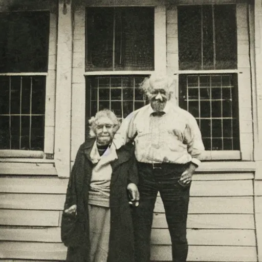 Image similar to a vintage photo of an old man and woman in front of an old house