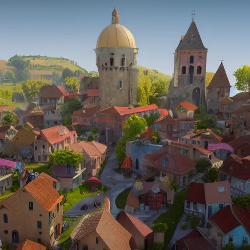 Prompt: a small medieval town, 3d render, cartoony, detail, award winning render, studio lighting, octane render, unreal engine, vibrant, colorful, 8k, hd