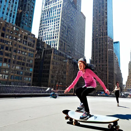 Prompt: sara dietschy riding a skateboard in new york