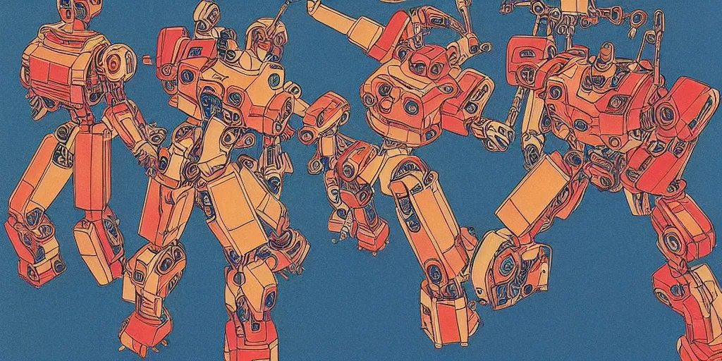 Prompt: gigantic mecha robots in a dance battle, a lot of people in disco clothes dancing, disco balls everywhere, risograph by kawase hasui, edward hopper, satoshi kon and moebius, no text!, colorful flat surreal design, super - detailed, a lot of tiny details, fullshot