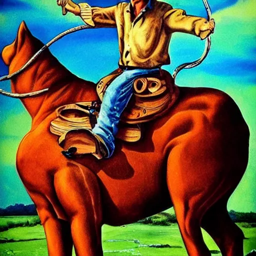 Image similar to a cowboy riding a giant cat, color, surreal