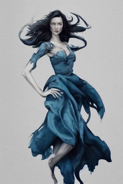 Image similar to in the style of peter mohrbacher, artgerm, beautiful caitriona balfe, outlander, full body, blue dress, elegant pose, middle shot, spooky, detailed realisitc eyes, detailed realistic eyes, detailed and intricate