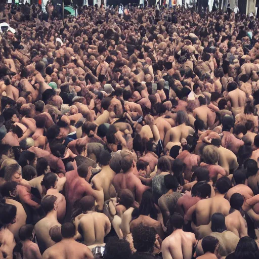 Image similar to hundreds of humans. A sea of humans. interconnected flesh. Crowdcrush. Many humans intertwined and woven together. Bodies and forms amesh.