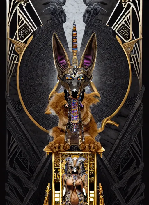 Image similar to angry god anubis, growling jackal with egyptian headdress and nemes, ornate art nouveau marble throne room, black and silver palette, symmetrical background, fantasy, intricate, elegant, highly detailed, colorful, dark colors, dramatic shadow, digital painting, artstation, concept art, art by artgerm and greg rutkowski and ruan jia,