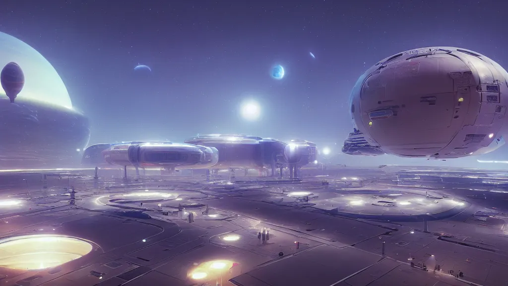 Prompt: a beautiful digital painting digital render of a spaceport. beeple. akihiko yoshida