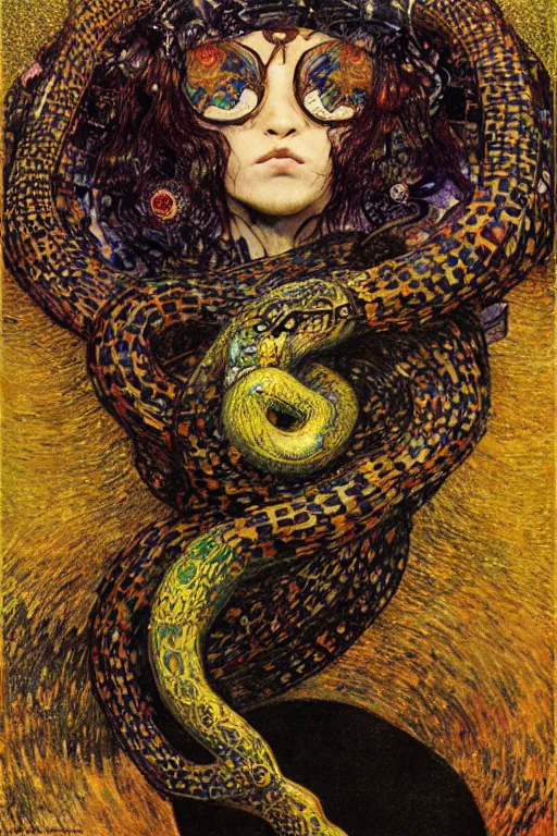 Image similar to Kirisame marisa, touhou project by Karol Bak, Jean Deville, Gustav Klimt, and Vincent Van Gogh, portrait of a sacred serpent, Surreality, otherworldly, fractal structures, arcane, ornate gilded medieval icon, third eye, spirals