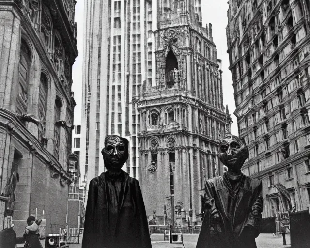 Image similar to by francis bacon, vivian maier, mystical photography evocative. an intricate fractal concrete and chrome carved sculpture of the secret faces of god, standing in a city center.