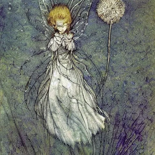 Image similar to a beautiful fairytale painting of a dandelion seed that is also a fluffy fairy. the dandelion seed is the body of the fairy. beautiful clear painting by arthur rackham