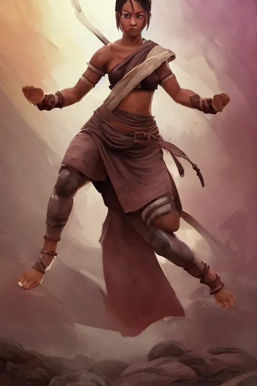 Prompt: Full body Picture of a female monk, fighter, black bandage on arms, marked muscles, brown skin, short pink hair, brown eyes, detailed face, combat stance, black soggy pants, spiritual, epic fantasy, temple background, D&D, by artgerm and Craig Mullins, James Jean, Andrey Ryabovichev, Mark Simonetti and Peter Morbacher, matte painting, trending on artstation, artstationHD, artstationHQ, octane, full HD, 16K