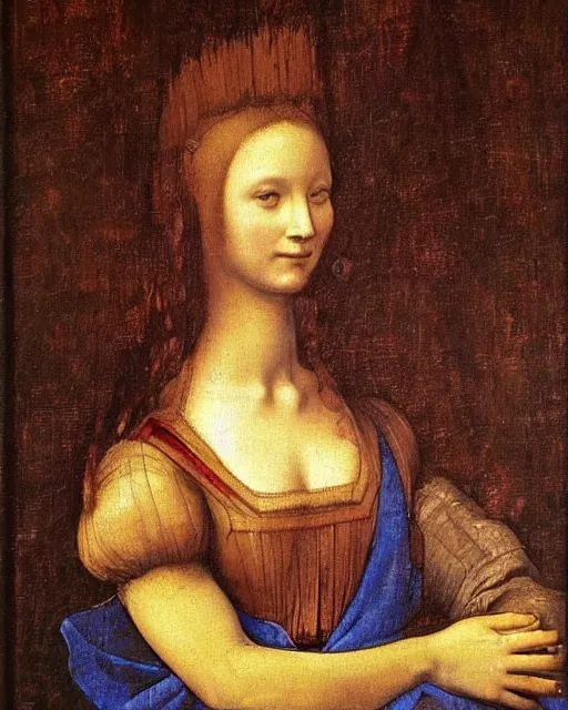 Image similar to a oil painting of lady with an groot, by leonardo da vinci.