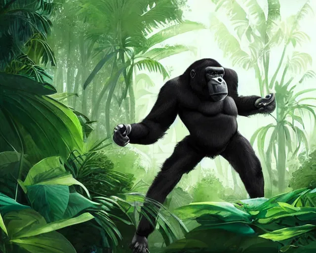 Image similar to a gorilla playing volleyball in a jungle, digital art, in the style of greg rutkowski