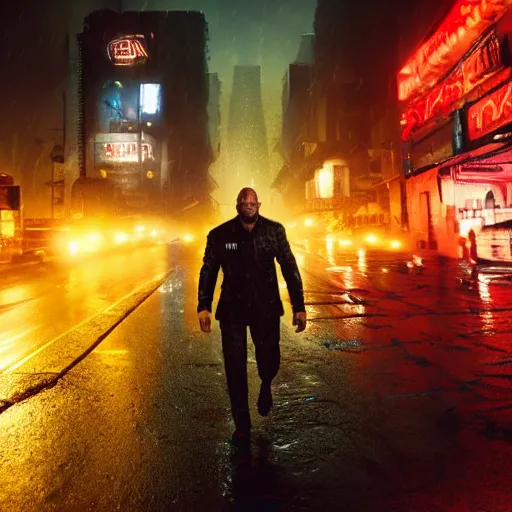 Image similar to photo of dave bautista as sapper morton running through the dark wet streets of scifi los angeles at night in the rain, photorealism, blade runner movie still, action shot, dynamic, 4k