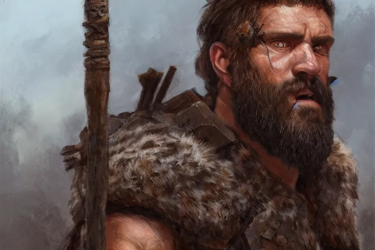 Image similar to a full body fantasy portrait oil painting illustration of a single rugged stoic barbarian man by Justin Sweet with face and body clearly visible, d&d, rpg, forgotten realms, artstation trending, high quality, sombre mood, artstation trending, muted colours, no crop, entire character,