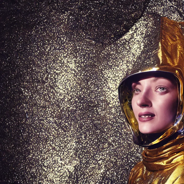 Image similar to octane render portrait by wayne barlow and carlo crivelli and glenn fabry, subject is a woman covered in folded aluminum foil space suit with a colorful metallic space helmet, floating inside a futuristic black and gold space station, cinema 4 d, ray traced lighting, very short depth of field, bokeh