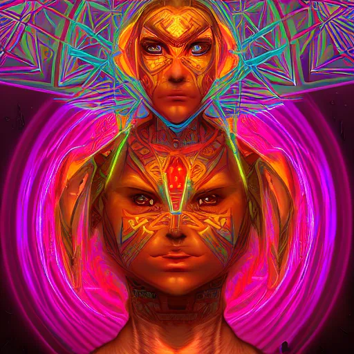 Prompt: portrait of a future metaverse tech shaman warrior, 2D cartoon, visionary art, symmetric, Magick symbols, holy halo, shipibo patterns, sci-fi, concept art, trending on art station, 8k digital art